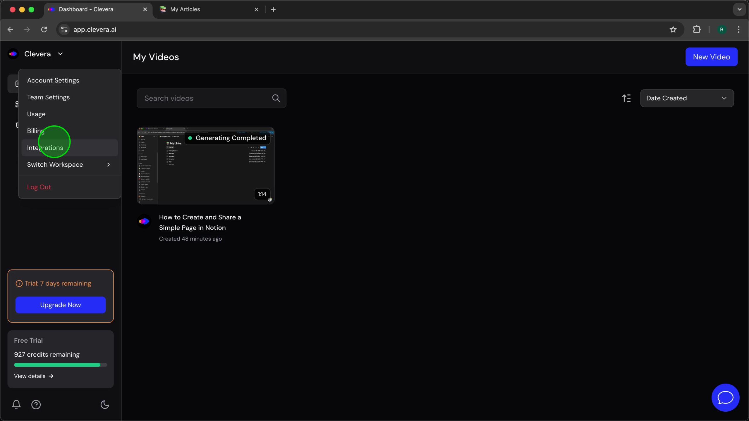 Clevera dropdown menu with Integrations highlighted